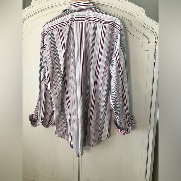 Thomas Dean Men's Multicolor Striped Dress Shirt Patterned Cuff Size Large - Picture 2 of 4
